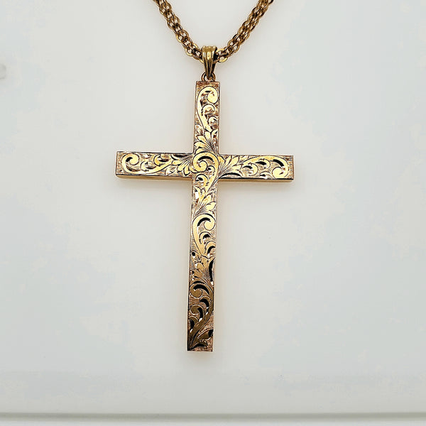 Antique Victorian 14kt yellow gold hand engraved cross necklace