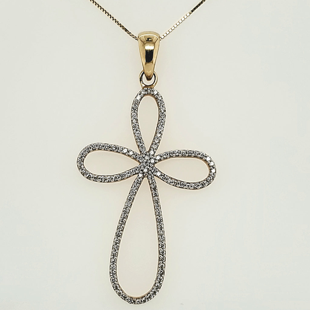 14Kt Yellow Gold Open Design Diamond Cross Pendant On Chain