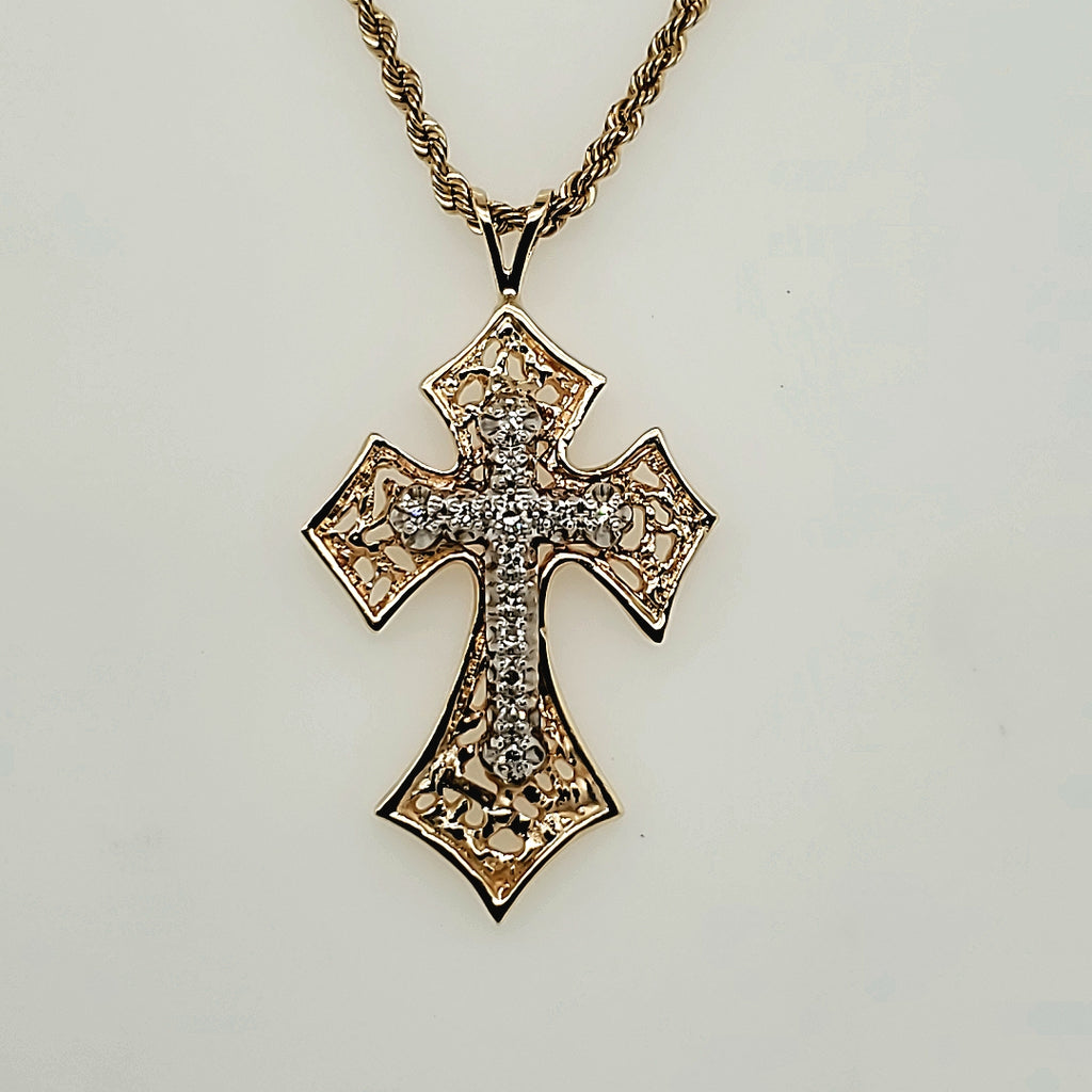 Vintage Mid-century 14kt Yellow Gold and Diamond Cross Pendant Necklace