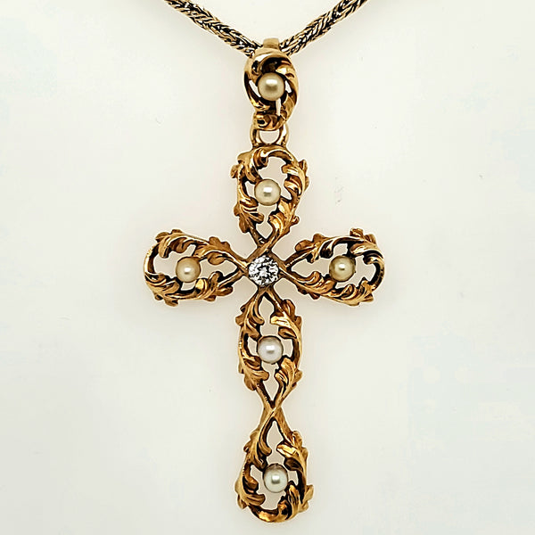 Antique Art Nouveau 18kt Gold Diamond and Pearl Cross