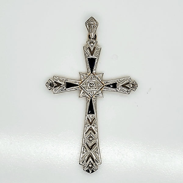 Art Deco 18kt Gold Diamond and Sapphire Cross Pendant