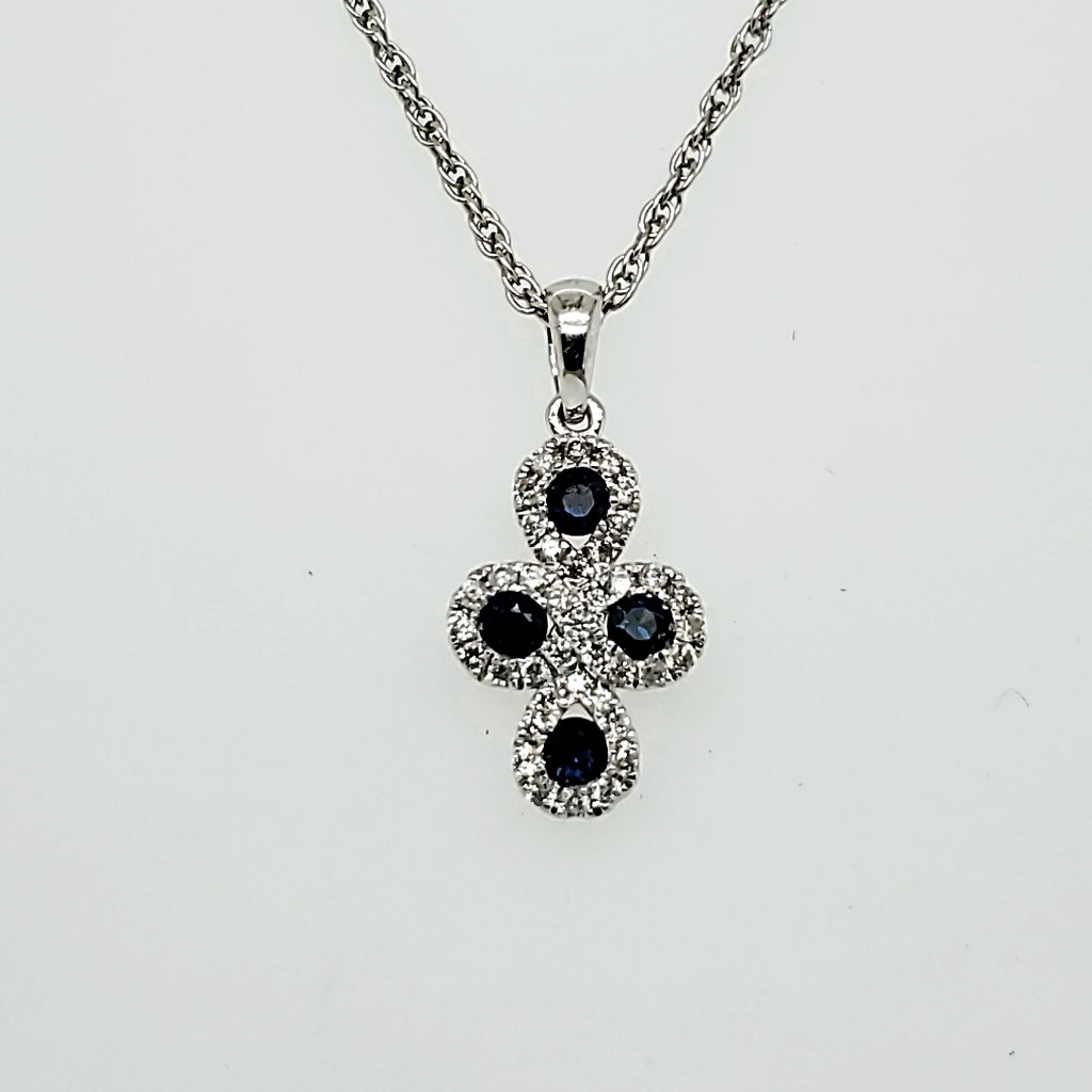 14kt White Gold Sapphire and Diamond Cross Pendant Necklace