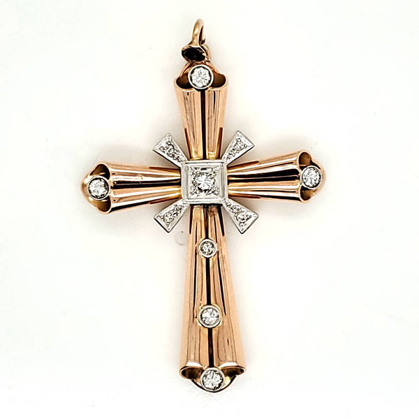 1940s Retro 18kt Rose Gold and Diamond Cross Pendant