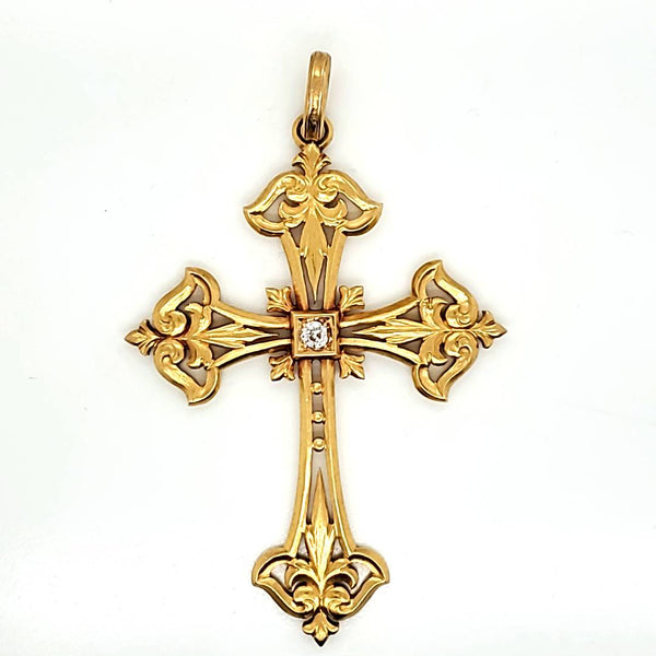 Antique Art Nouveau 18kt Yellow Gold and Diamond Cross
