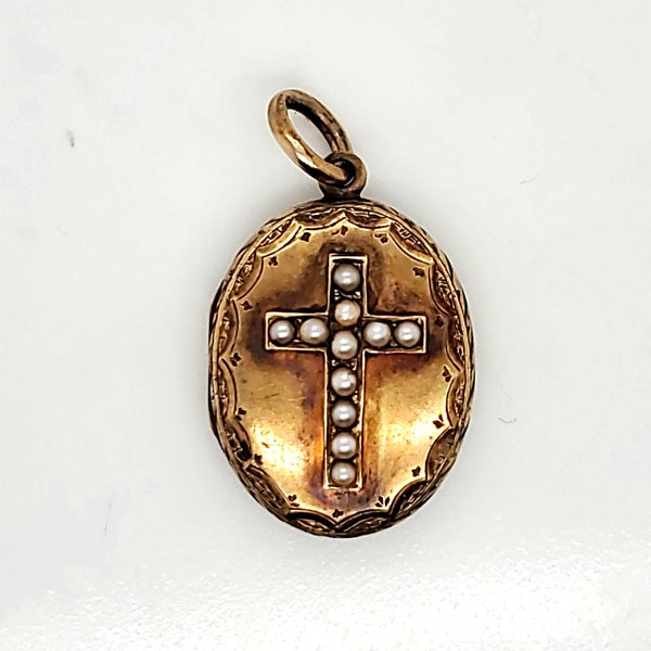Antique Victorian 18kt Yellow Gold and Pearl Cross Locket