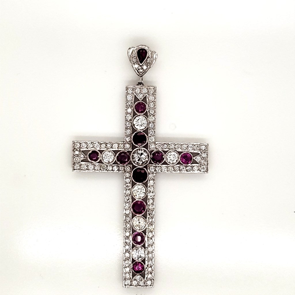 Vintage Platinum Diamond and Ruby Cross