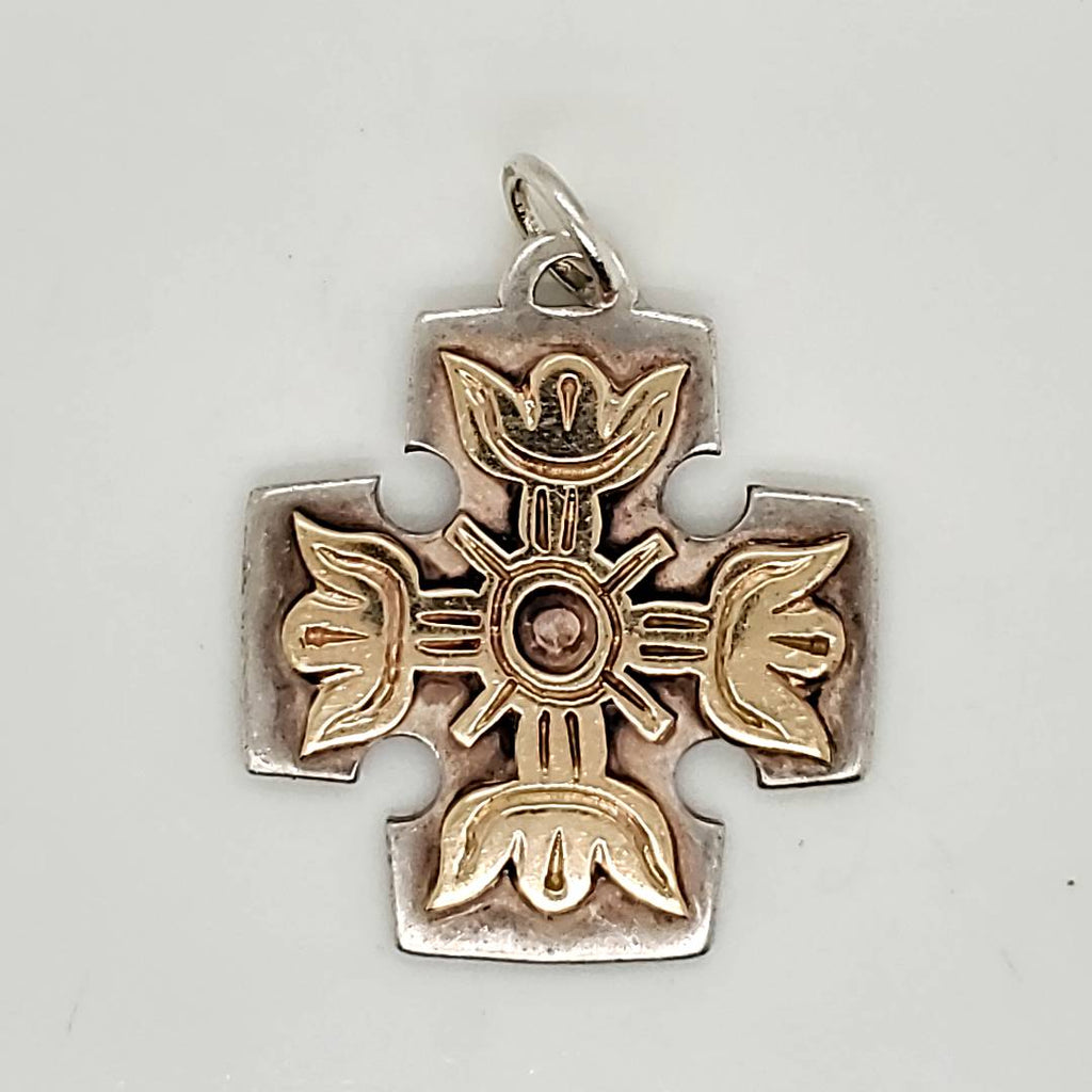 Vintage James Avery 14Kt Yellow Gold and Sterling Silver Engraved  Cross Pendant