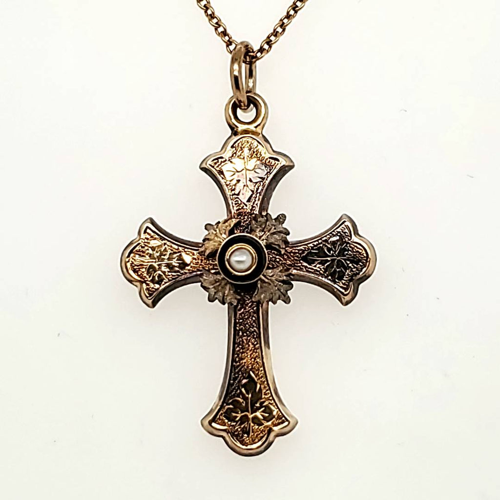 Antique Victorian 10Kt Yellow Gold and Pearl Cross Necklace