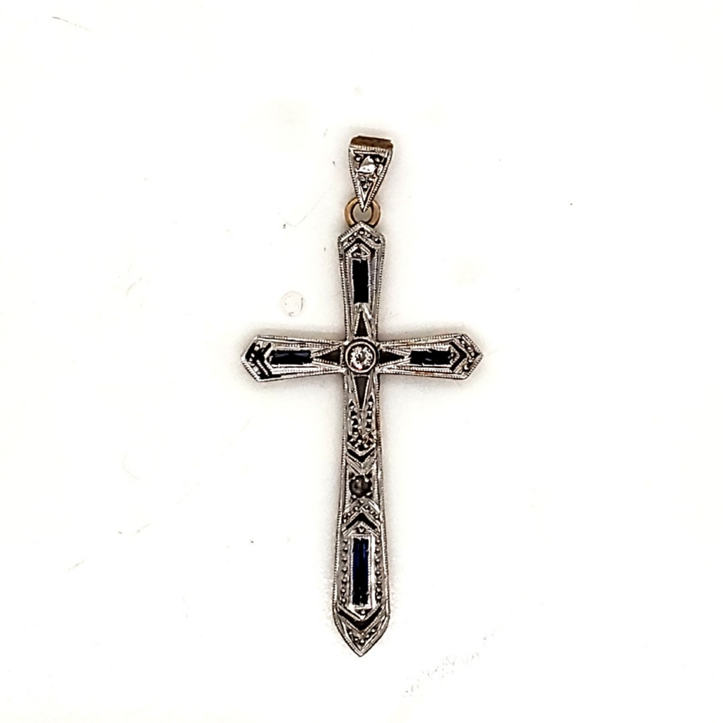 Art Deco Platinum on 18kt Yellow Gold Diamond and Sapphire Cross Pendant