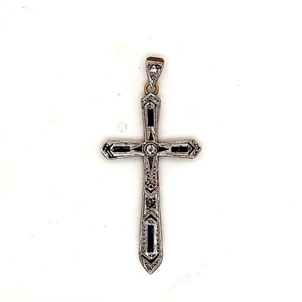 Art Deco Platinum on 18kt Yellow Gold Diamond and Sapphire Cross Pendant