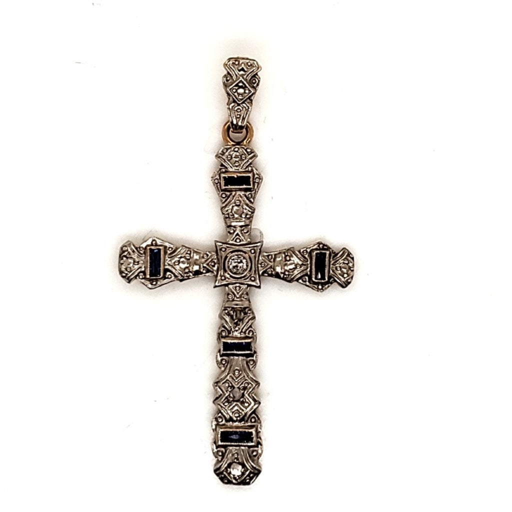 Art Deco Platinum on 18kt Yellow Gold Diamond and Sapphire Cross Pendant