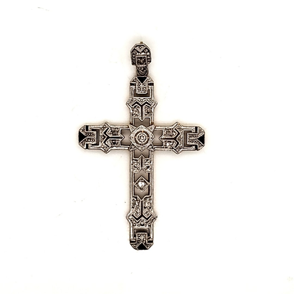 Art Deco Platinum on 18kt Yellow Gold Diamond and Sapphire Cross Pendant