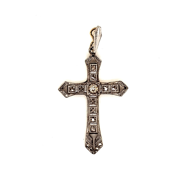 Art Deco Platinum on 18kt Yellow Gold Diamond Cross Pendant