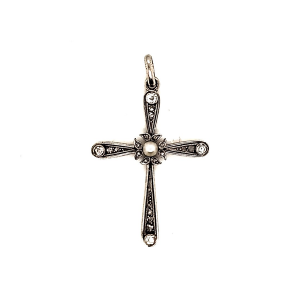 Art Deco Platinum on 18kt Gold Diamond and Pearl Cross Pendant