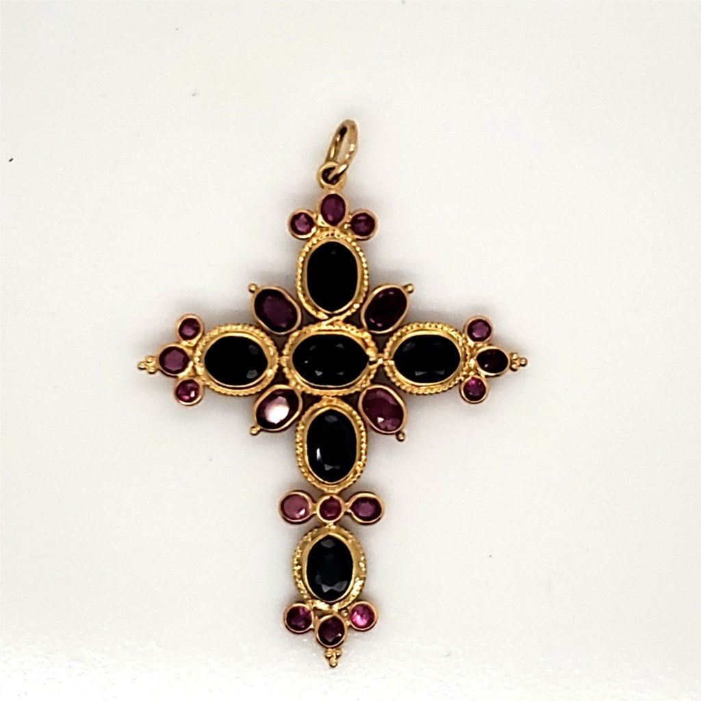 18kt Yellow Gold Sapphire and Ruby Cross Pendant