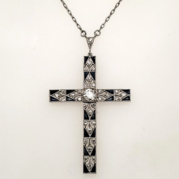 Art Deco Style Platinum Diamond and Sapphire Cross