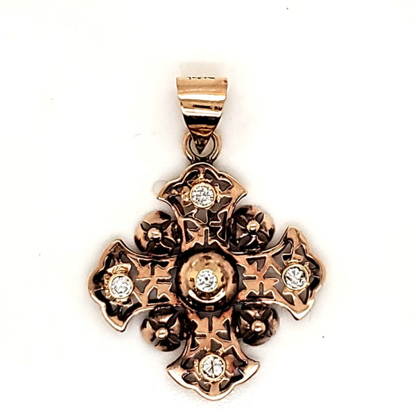 Vintage 14Kt Rose Gold And Diamond Jerusalem Cross Pendant