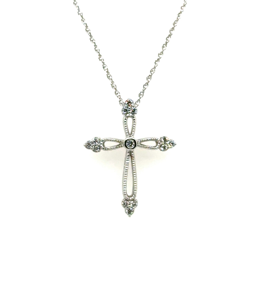 14kt White Gold 0.10Ctw Milgrain Diamond Cross Necklace