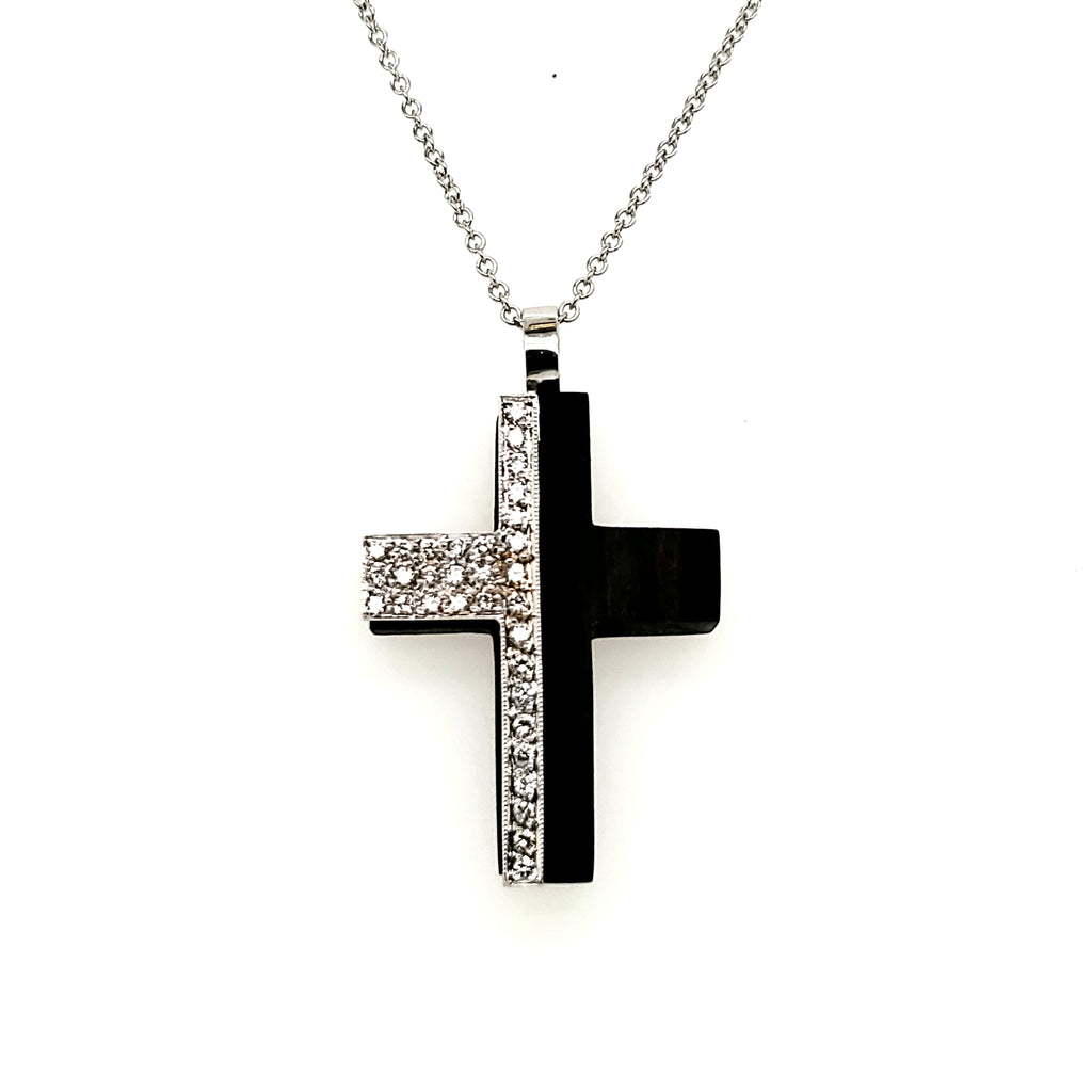 18kt White Gold Wood and Diamond Cross