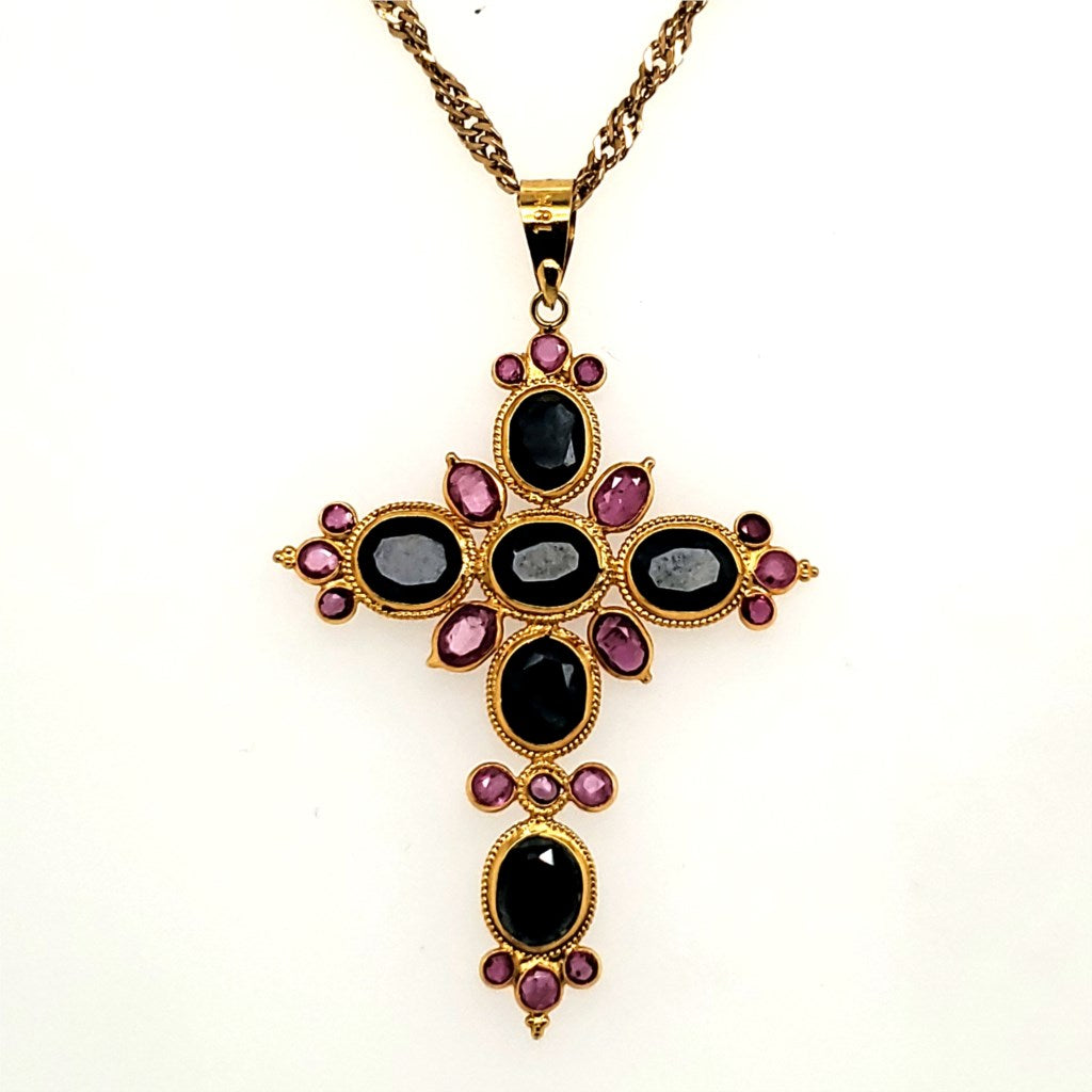 18kt Yellow Gold Sapphire and Ruby Cross Pendant