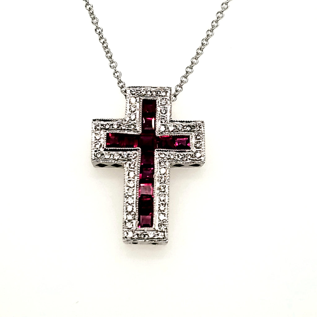 14kt White Gold  Ruby and Diamond Cross