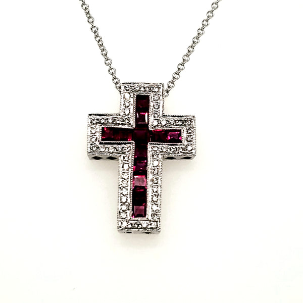 14kt White Gold  Ruby and Diamond Cross