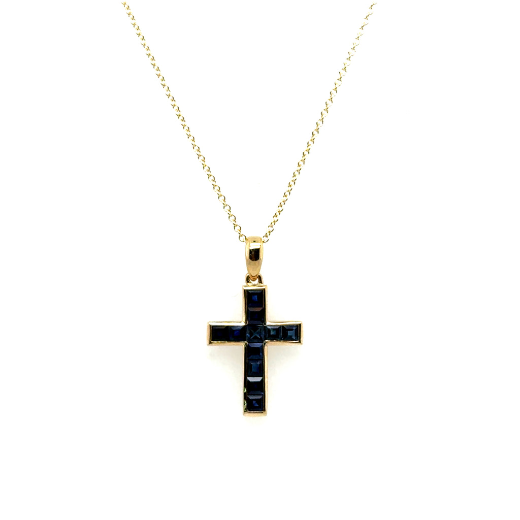 14kt Yellow Gold Blue Sapphire Cross Pendant