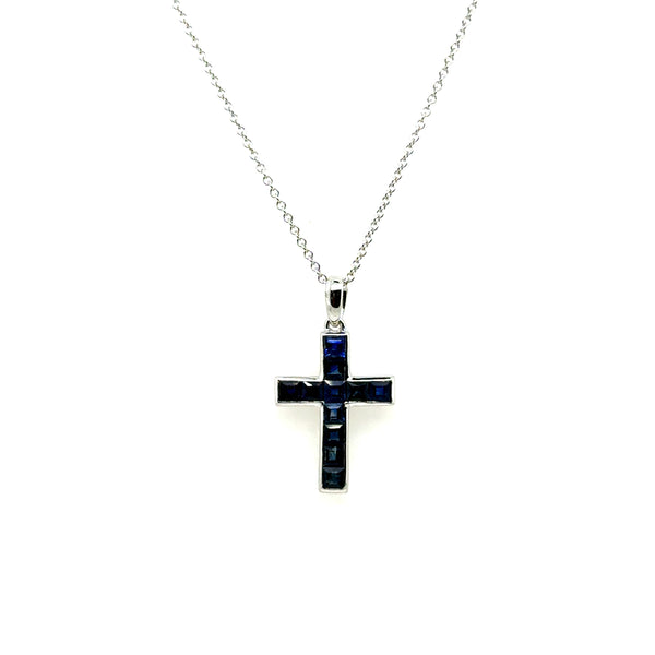 14kt White Gold Blue Sapphire Cross Pendant
