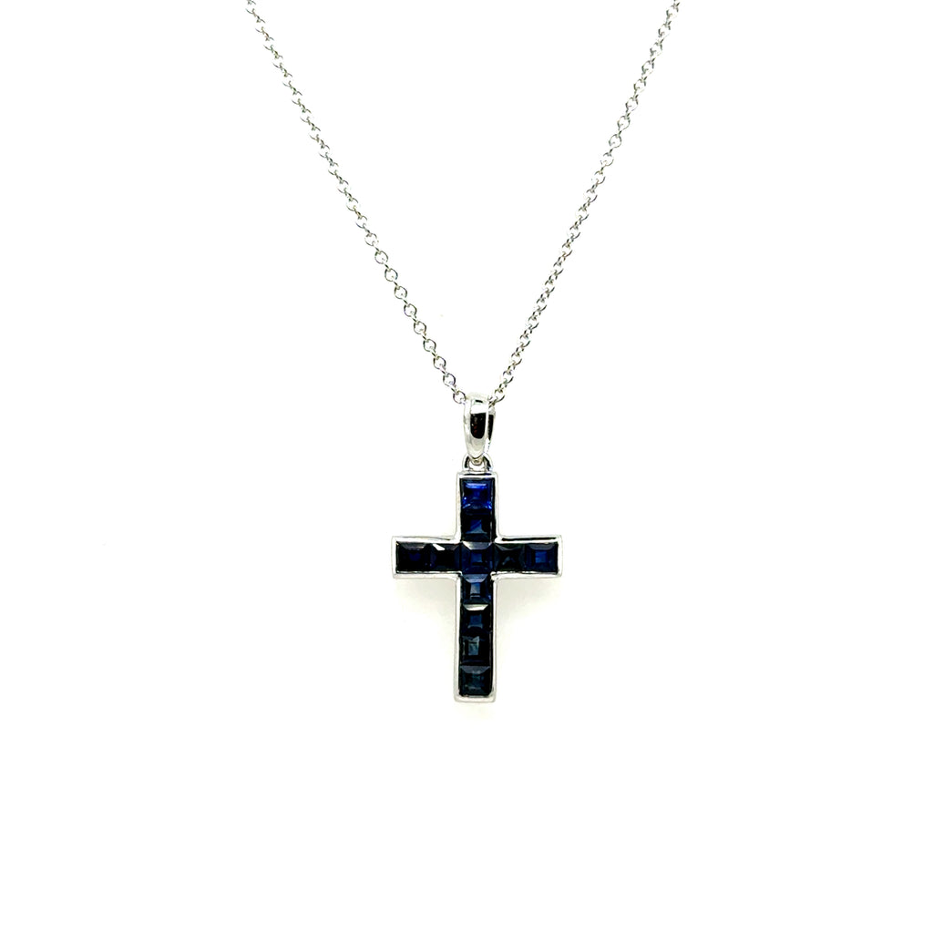 14kt White Gold Blue Sapphire Cross Pendant