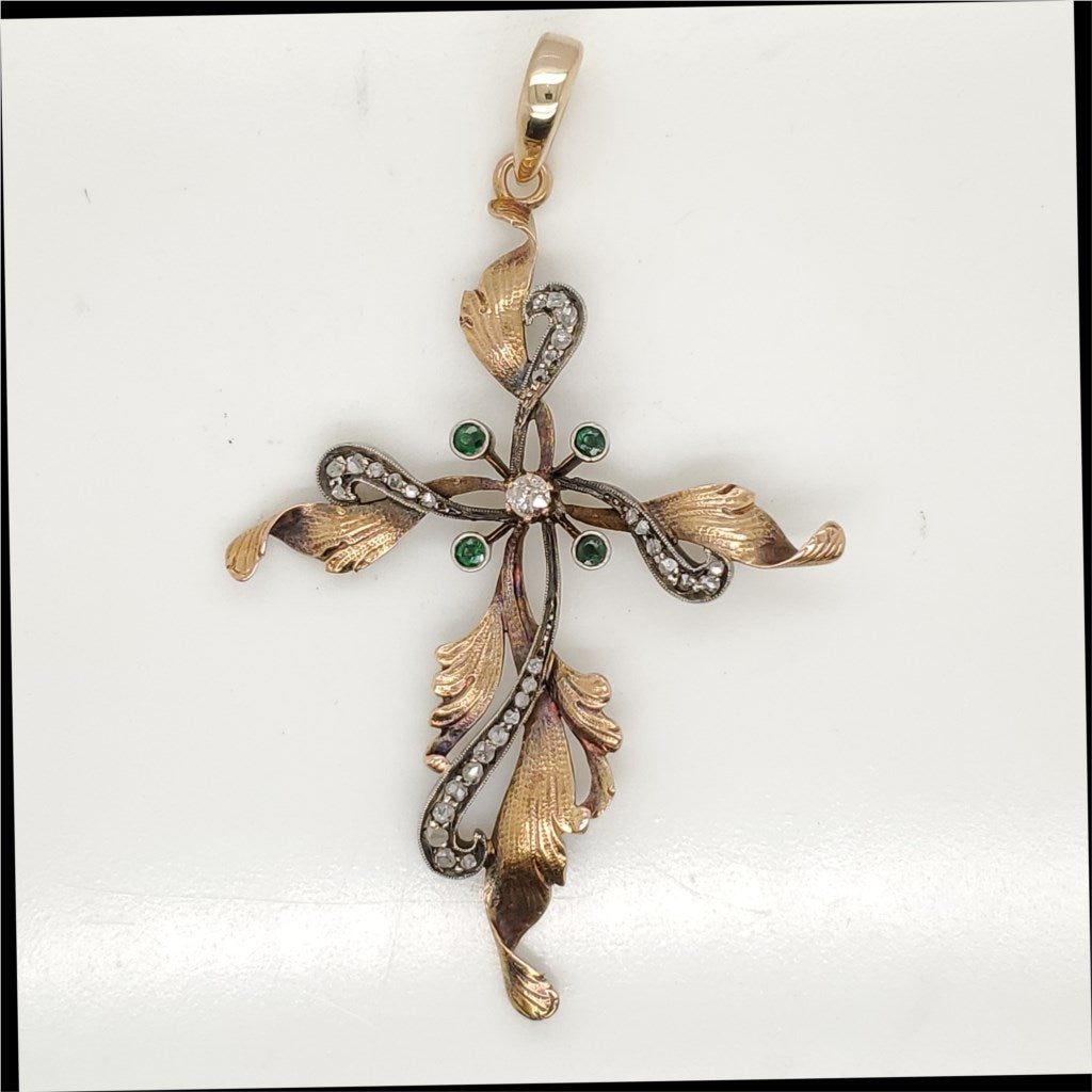 Victorian 18kt Yellow Gold and Silver Emerald and Diamond Cross