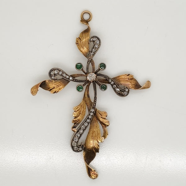 Victorian 18kt Yellow Gold and Silver Emerald and Diamond Cross