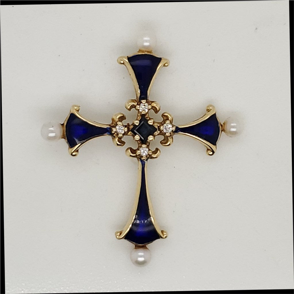 14kt Yellow Gold Sapphire Diamond and Pearl Enamel Cross Pendant