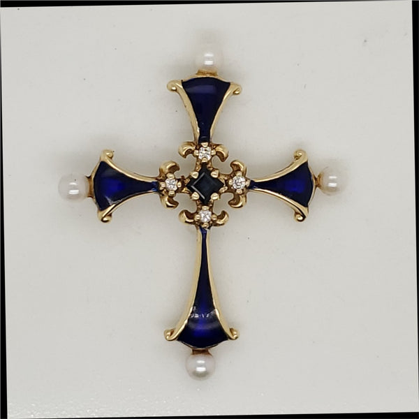 14kt Yellow Gold Sapphire Diamond and Pearl Enamel Cross Pendant
