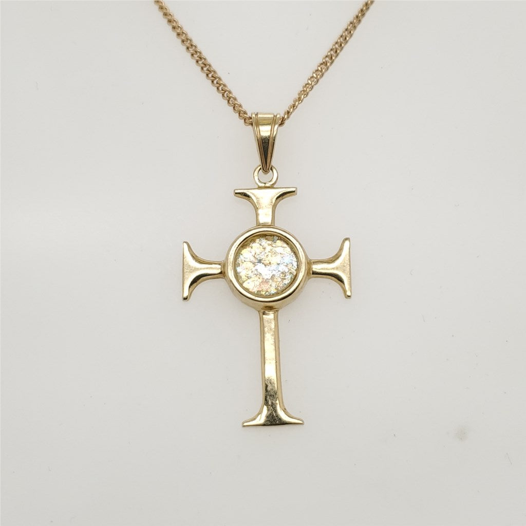 14kt yellow gold cross pendant inset with Jerusalem glass