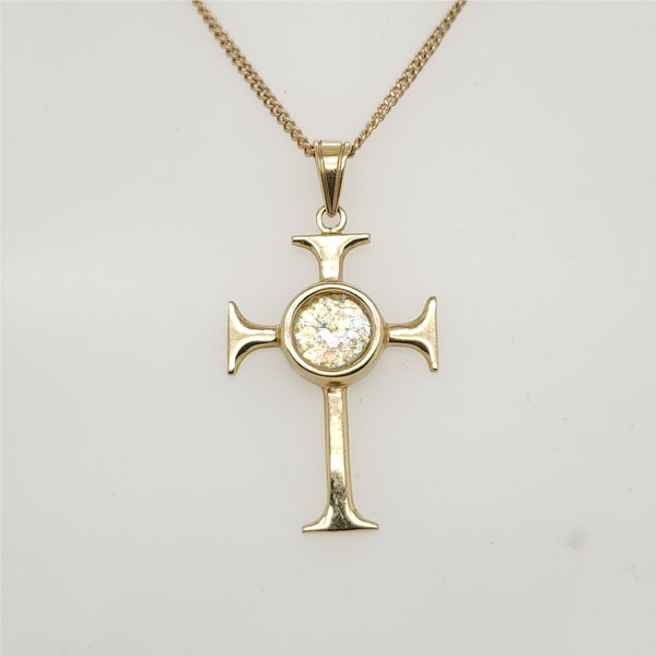 14kt yellow gold cross pendant inset with Jerusalem glass
