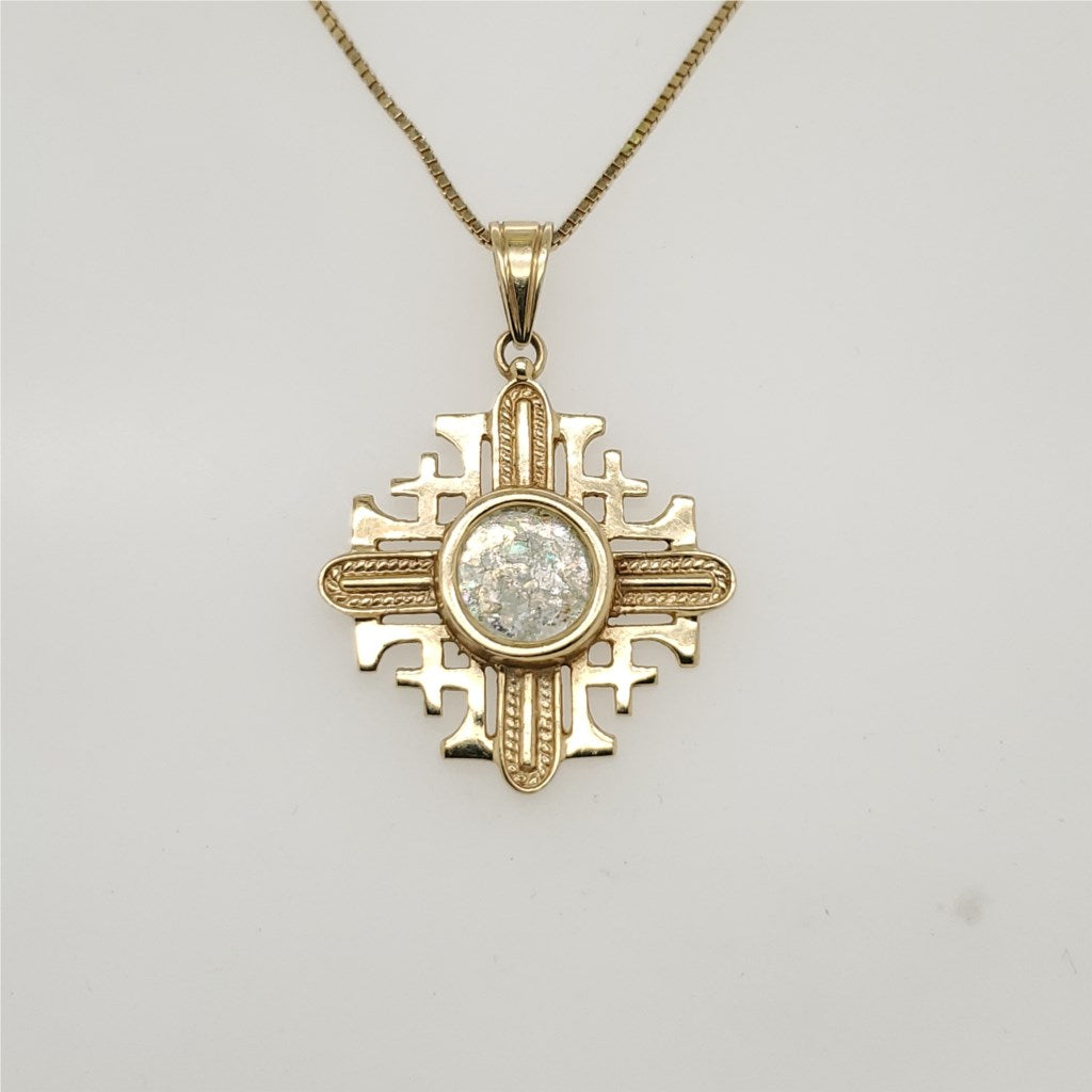 14kt yellow gold cross pendant inset with Jerusalem glass