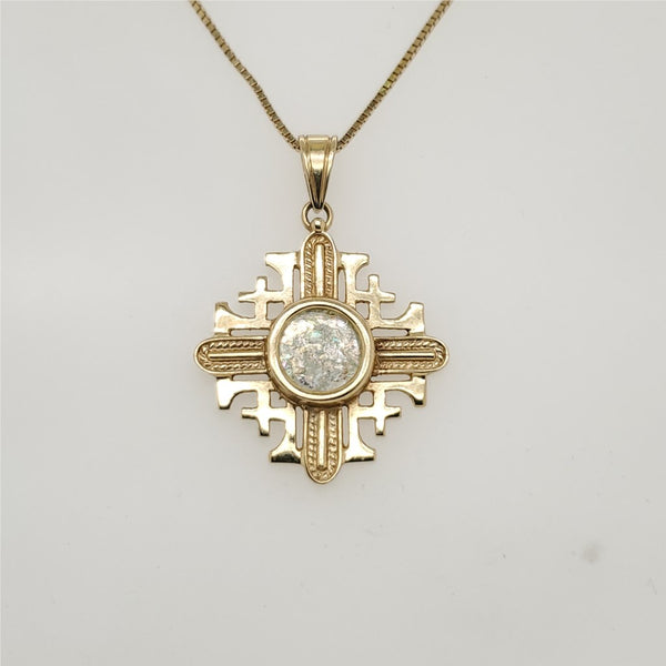 14kt yellow gold cross pendant inset with Jerusalem glass