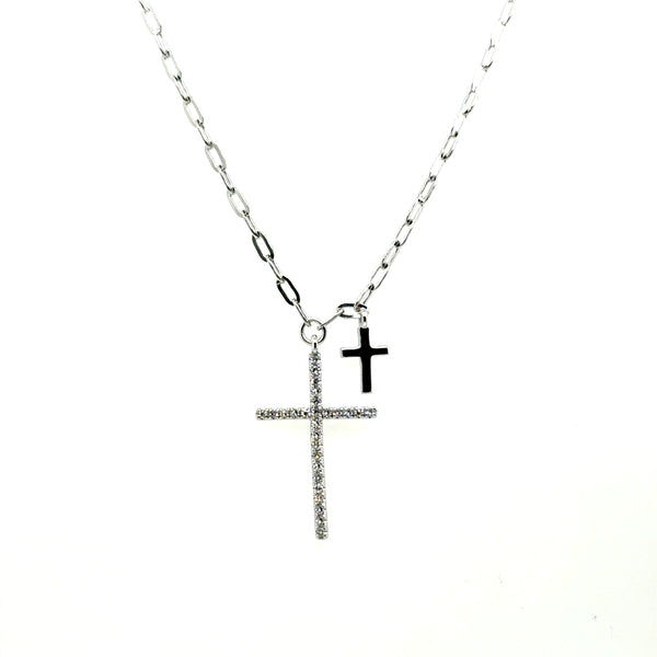 .07 Ctw 14Kt White Gold Double Diamond Cross Necklace