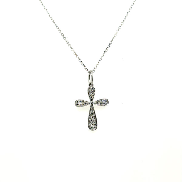 .09 Ctw 14Kt White Gold Pave Diamond Cross Necklace