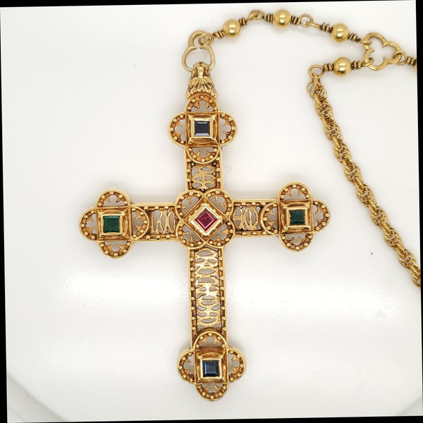 Vintage Large 18Kt Yellow Gold Ruby Emerald And Sapphire Cross