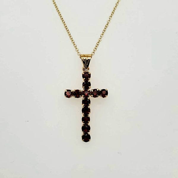 18kt Yellow Gold Garnet Cross on Chain