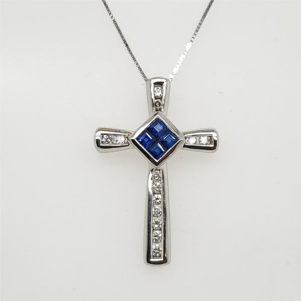 14kt White Gold  Sapphire and Diamond Cross
