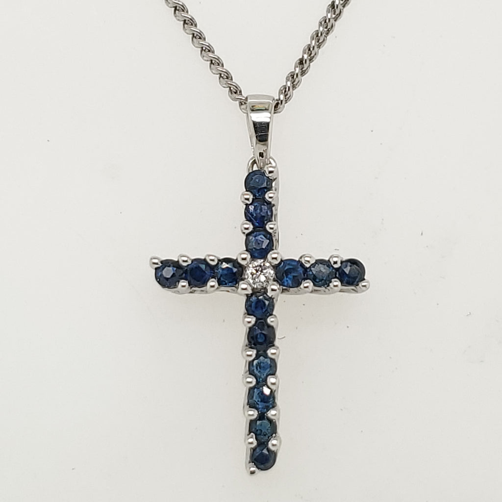 14kt White Gold Blue Sapphire and Diamond Cross