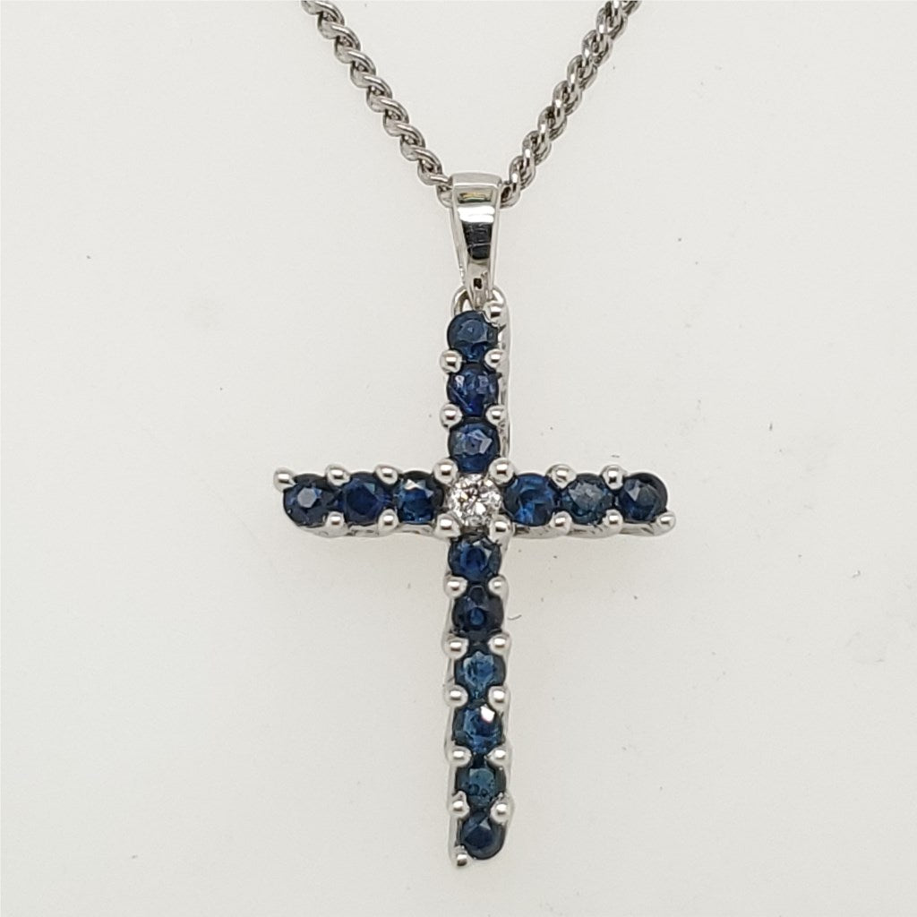 14kt White Gold Blue Sapphire and Diamond Cross