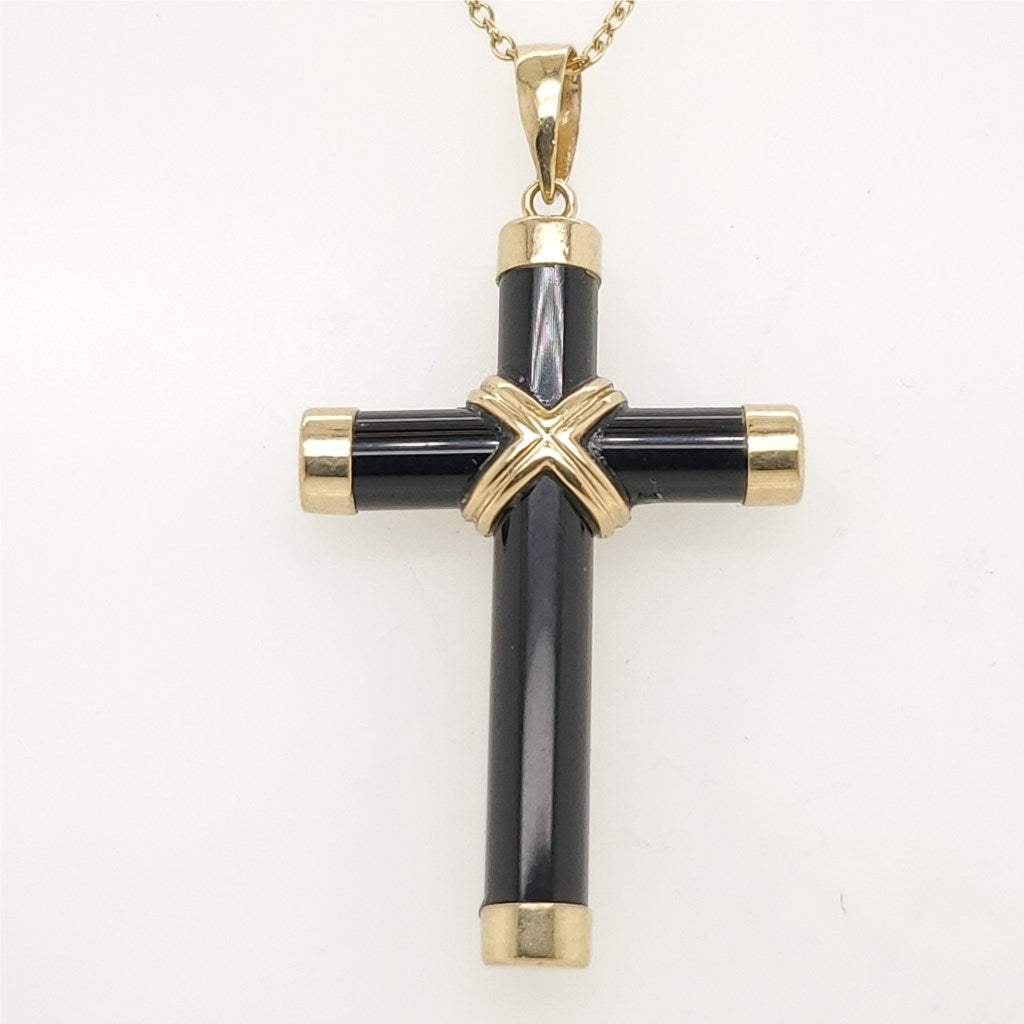 14kt Yellow Gold and Onyx Cross Pendant Necklace