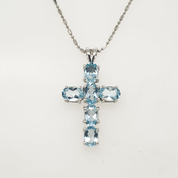 14kt White Gold Blue Topaz Cross Pendant Necklace
