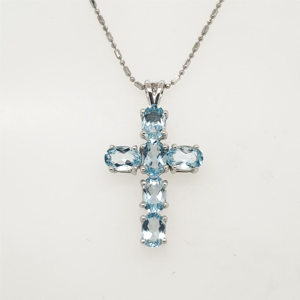14kt White Gold Blue Topaz Cross Pendant Necklace