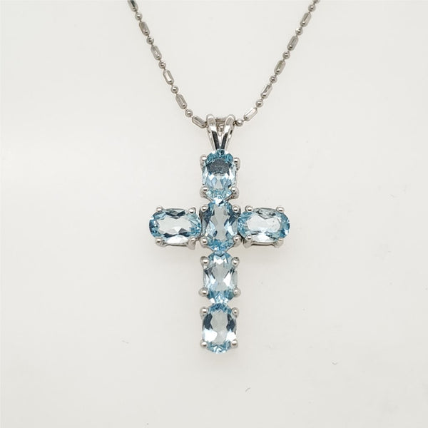 14kt White Gold Blue Topaz Cross Pendant Necklace