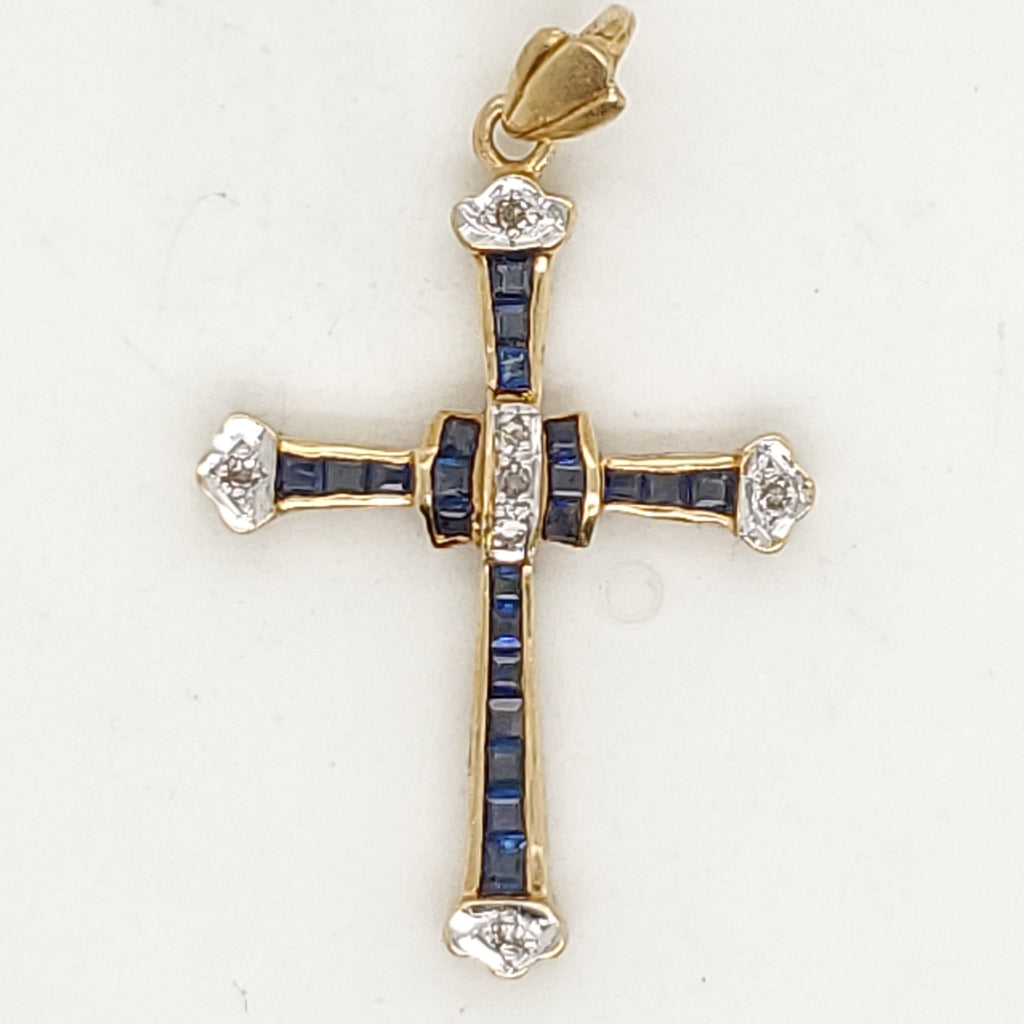 Vintage 18Kt Yellow Sapphire and Diamond Cross