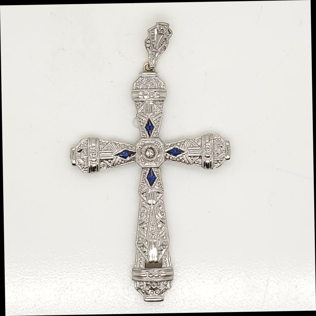 Art Deco Platinum On Gold Diamond and Sapphire Cross